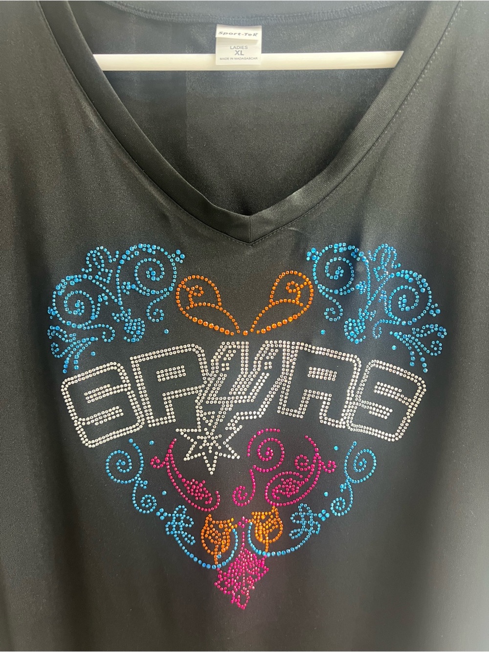 Black Rhinestone Graphic Tee with Colorful Heart Design